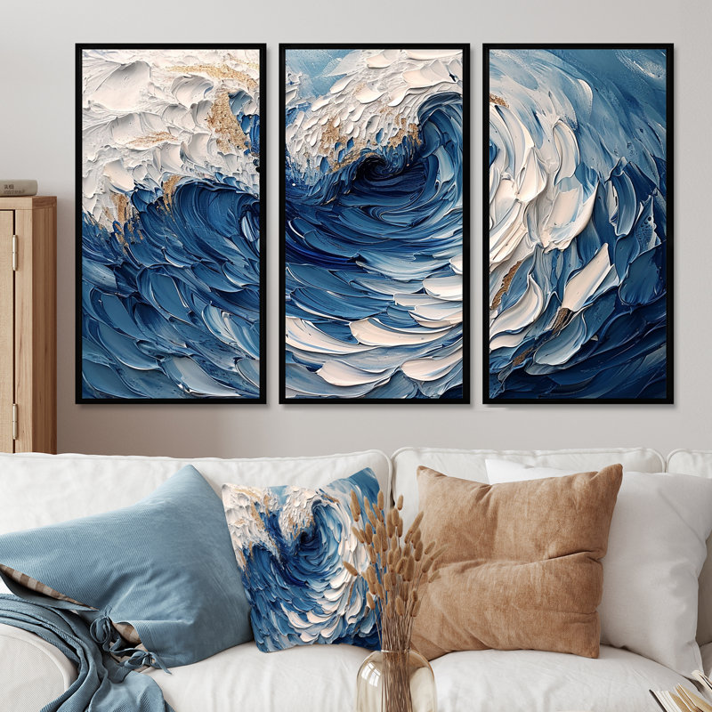 Daijanay - Ensemble d'art mural vagues côtières, Cadre flottant noir, H 32 po x l 48 po x P 1 po