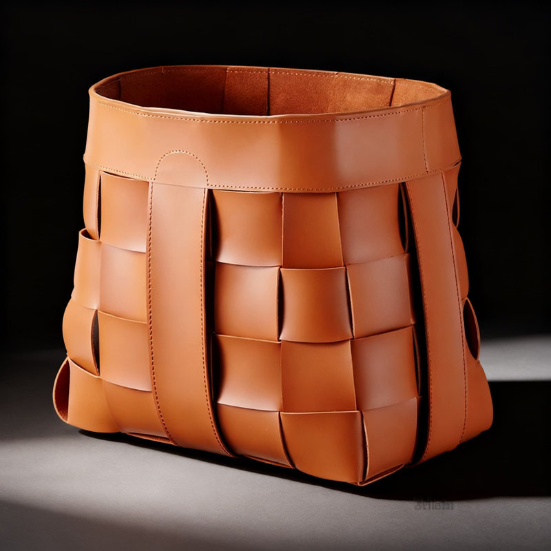 Orange-Brown, Large, Handwoven Leather Storage Basket - Stylish Designer Organizer For Clothes, Toys, Linens & Home Essentials - Versatile Multi-Purpose Use - Fits Various Home Decor Styles
