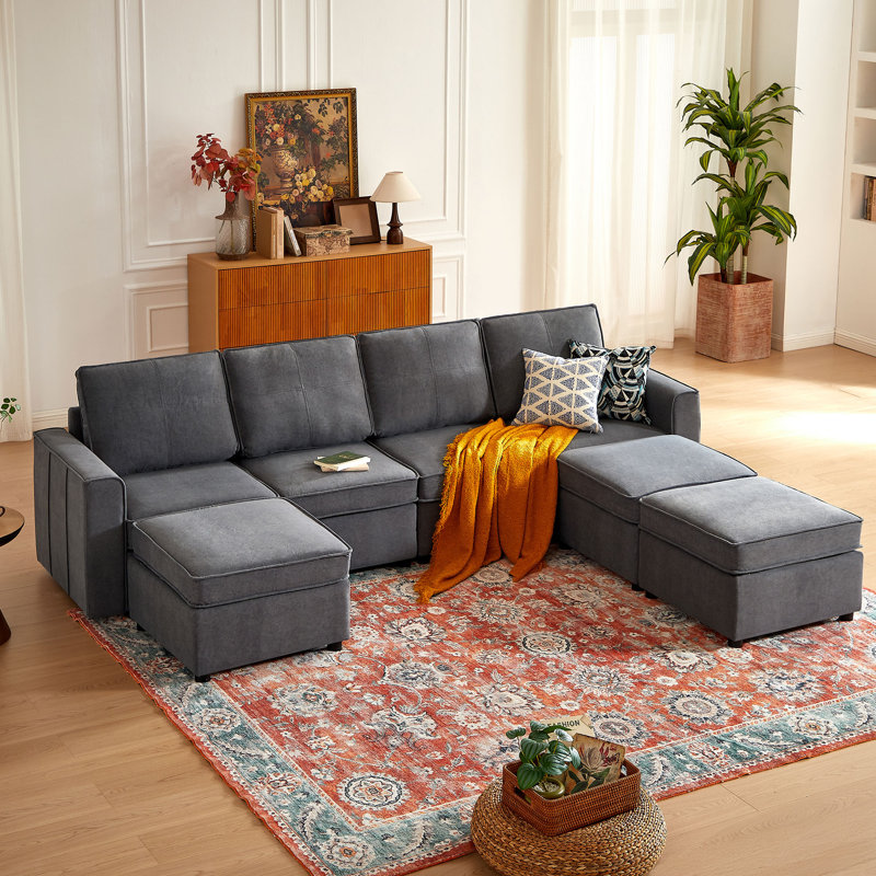 Grand canapé modulaire 4 places avec 3 repose-pieds 117,3 po, Rembourrage en mousse grise
