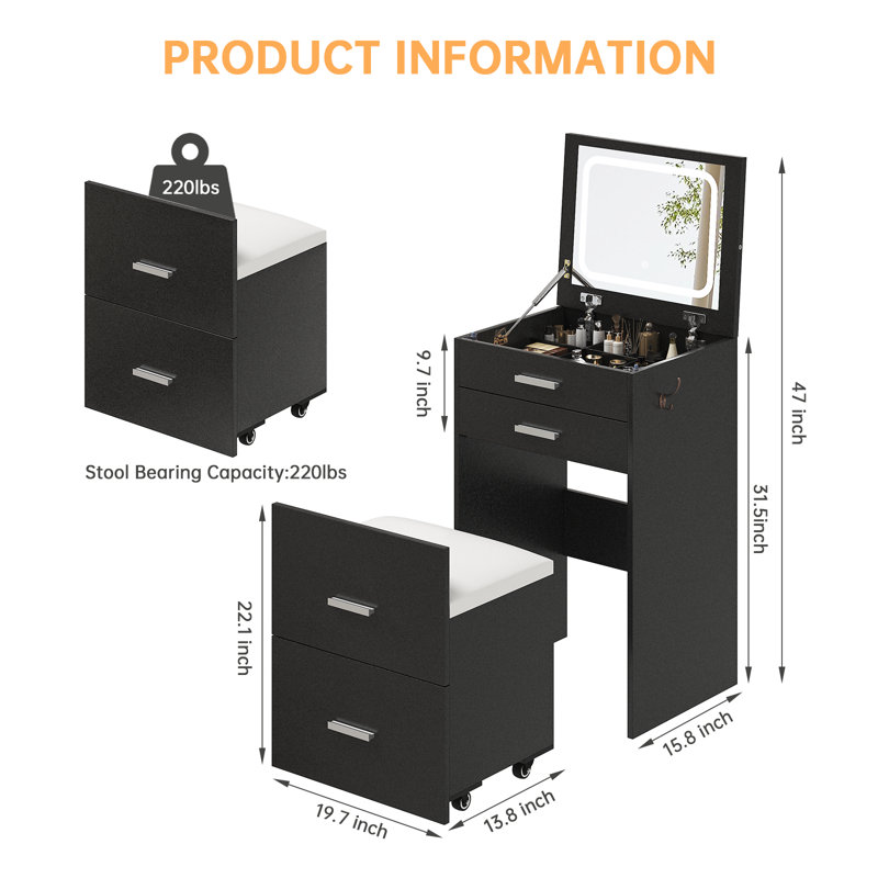 Bureau de coiffeuse 3 en 1 Ato avec miroir et lumières, Noir