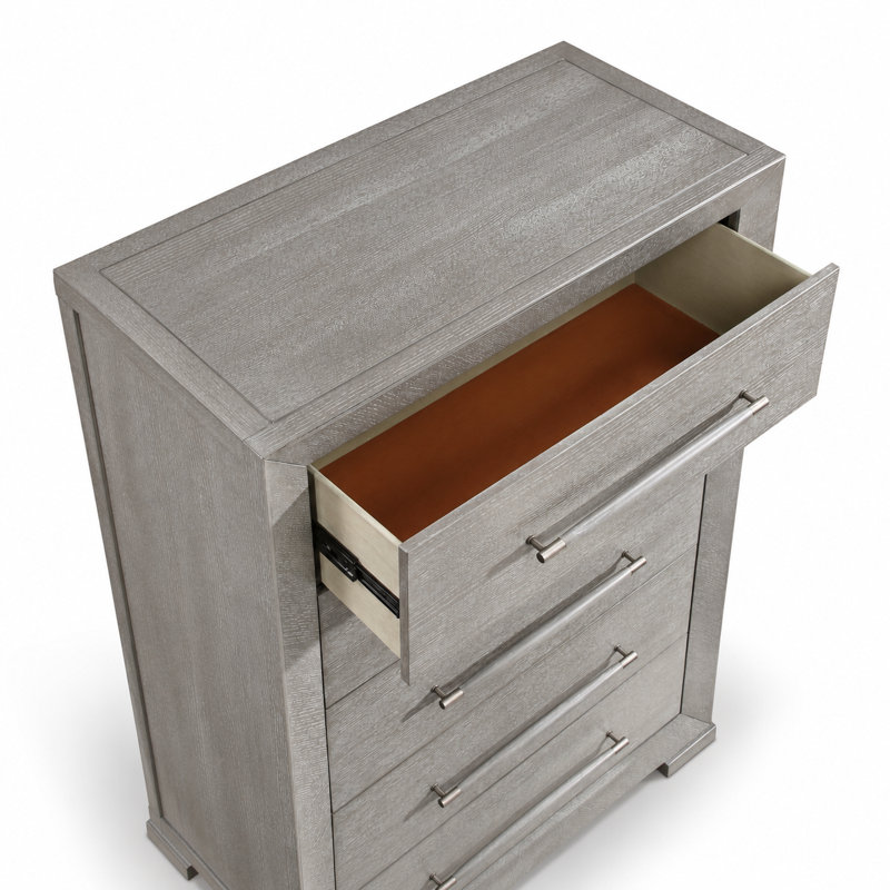Commode ovale haute Ova, 5 tiroirs l larges poignées en bois, gris