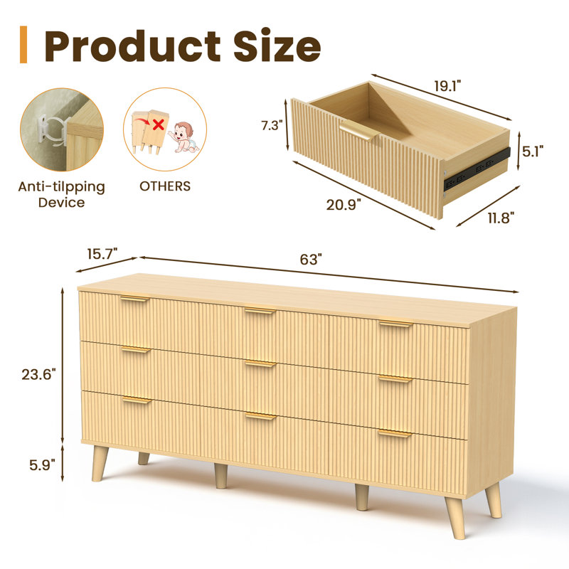 Commode d'appoint 9 tiroirs en bois naturel