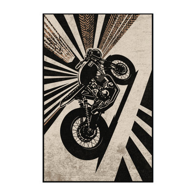 Machine Washable Potts Cafe Racer Motorcycle Retro Geometric Rug in Beige – Black Binding