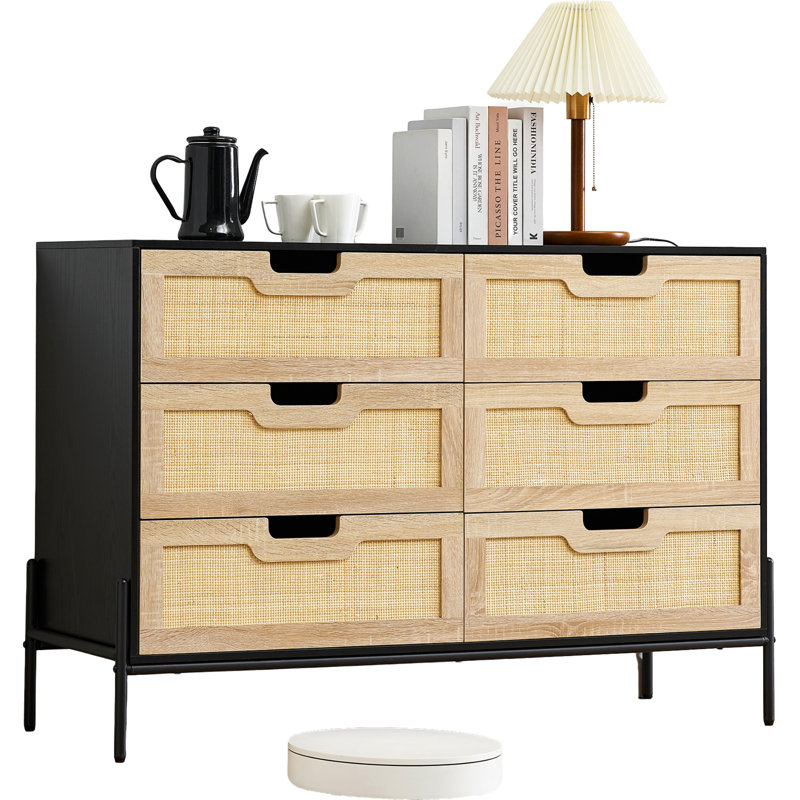 Commode en rotin, commode 6 tiroirs Farmhouse, commode moderne en bois avec pieds en métal, table d'entrée en rotin, grande commode double à 6 tiroirs pour la chambre à coucher