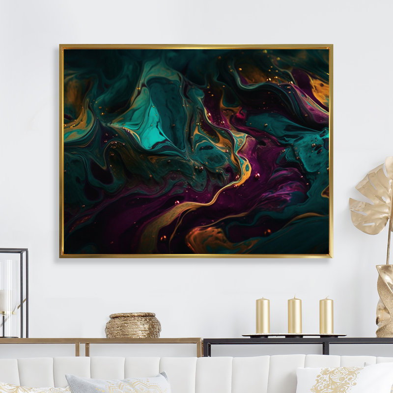 «Liquidité en art II», reproduction sur toile à l'encre liquide abstraite, H 34 po x l 44 po x P 1,5 po, Cadre flottant doré