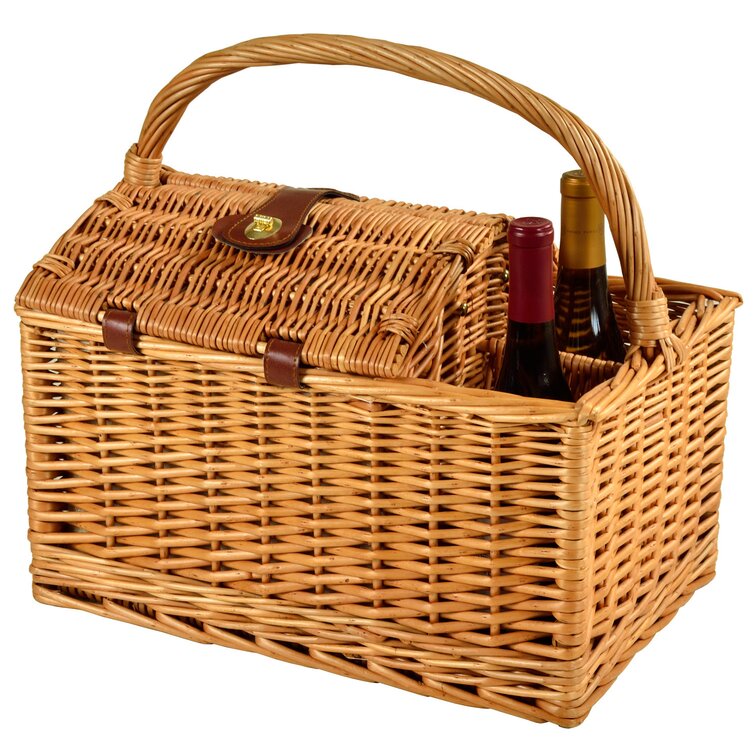 Wicker Picnic Basket for 4, 4 Person Picnic Kit, Willow Hamper Service Gift  Set with Blanket Portable Bamboo Wine Snack Table for Camping and Outdoor