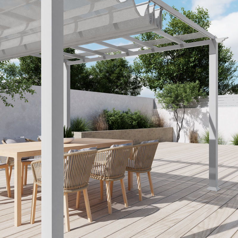 White Aluminum Pergola with Adjustable Silver Canopy, 11' x 11'