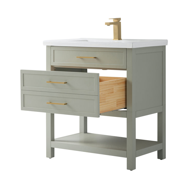 Vicini 30'' Single Vanity with Ceramic Top, Light Sage / Brushed Gold