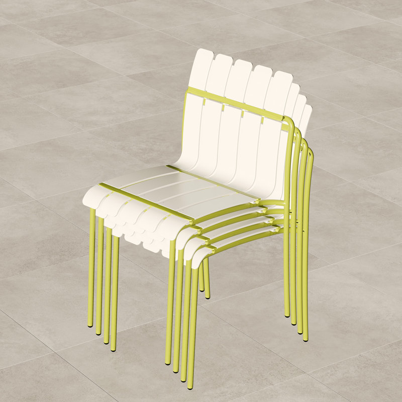 Ensemble de 4 chaises rayées à blocs de couleur avec métal et imperméable pour balcon extérieur, blanc crème et jaune grain moderne, siège intérieur / extérieur
