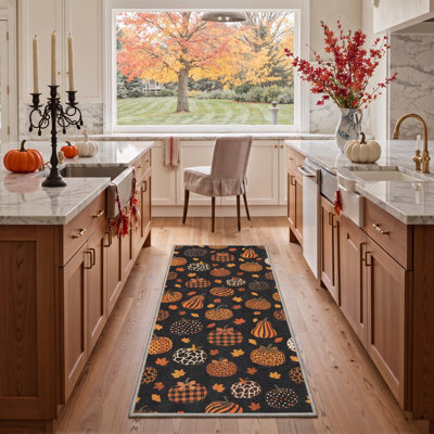 Tapis d'automne à motifs citrouille et feuilles d'automne, noir et orange, lavable à la machine, à poils courts, antidérapant