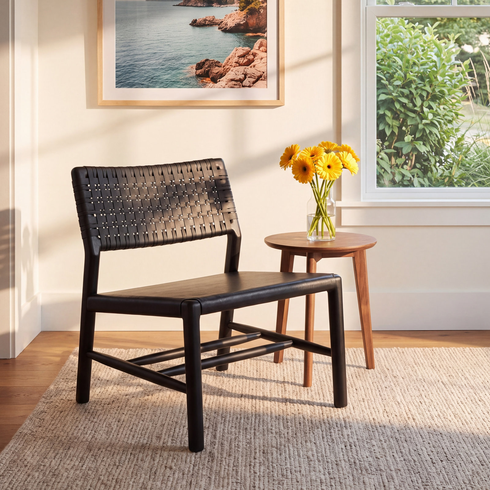 Genuine Leather Accent Chair, Black Leather, Black