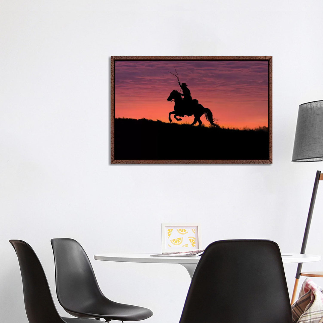 USA, Wyoming, Shell, The Hideout Ranch, Silhouette Of Cowboy And Horse At Sunset by Hollice Looney - Gallery-Wrapped Can...