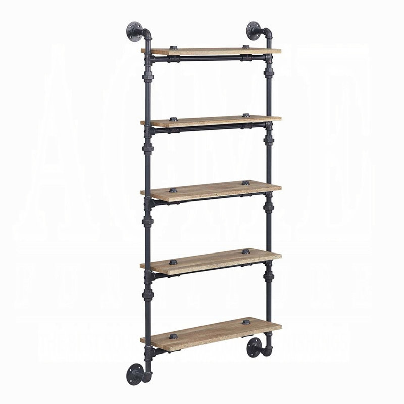 59" Industrial Oak and Black Wall-Mounted Bookshelf