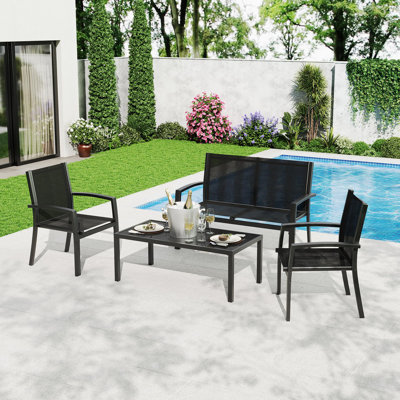 Ensemble de mobilier de jardin bistro 4 pièces, comprenant 3 chaises, un canapé deux places et une table basse en verre. Revêtement en tissu Textilène résistant aux intempéries et structure en acier. Parfait pour le jardin, la piscine, la véranda ou la pelouse. - Noir