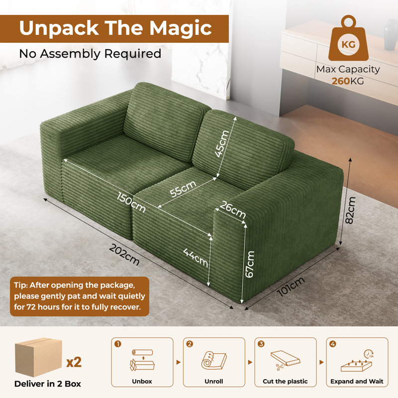 2 Seater Corduroy Sofa, Green