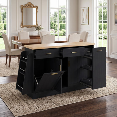 Multi-Functional Kitchen Sideboard with Hidden Trash Cabinet, Sliding Door Storage, 3-Tier Spice Rack & Adjustable Shelving – Storage Island Table for Kitchen and Dining Room