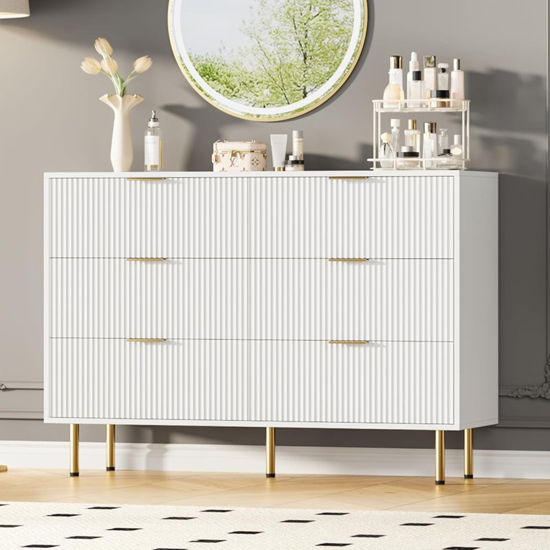 Modern Fluted 6-Drawer Dresser – Large Chest of Drawers with Gold Handles, Bedroom Storage Organizer for Clothes & Essentials, Stylish Dresser for Living Room, Hallway & Entryway