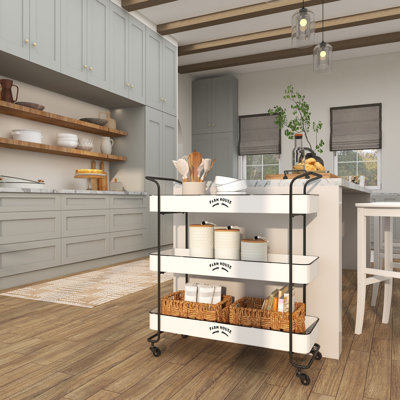 Nitra White Metal Rolling 3 Shelves Kitchen Storage Cart with Farm Fresh Design