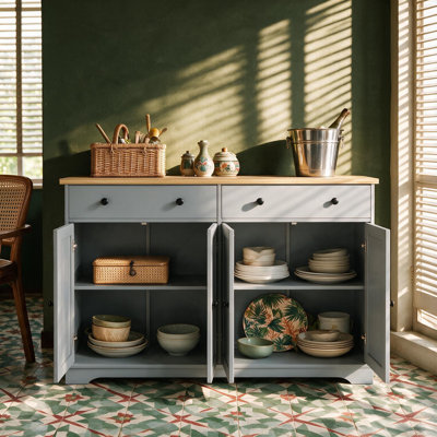 Buffet de style ferme moderne avec deux tiroirs et étagères réglables, idéal pour la salle à manger, la cuisine, le salon et l'entrée.