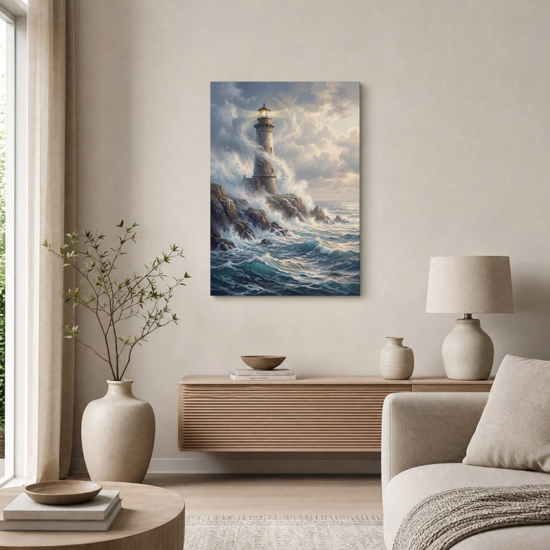 Art mural sur toile, "Stormy Lighthouse on Rocky Coast with Crashing Waves", H 36 po x l 24 po