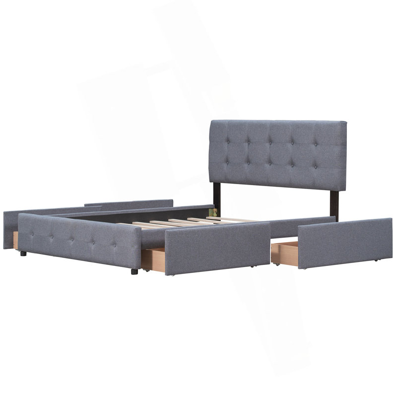 Lit plateforme tapissier avec tête de lit classique et 4 tiroirs, aucun sommier nécessaire, tissu en lin, grand, Gris foncé