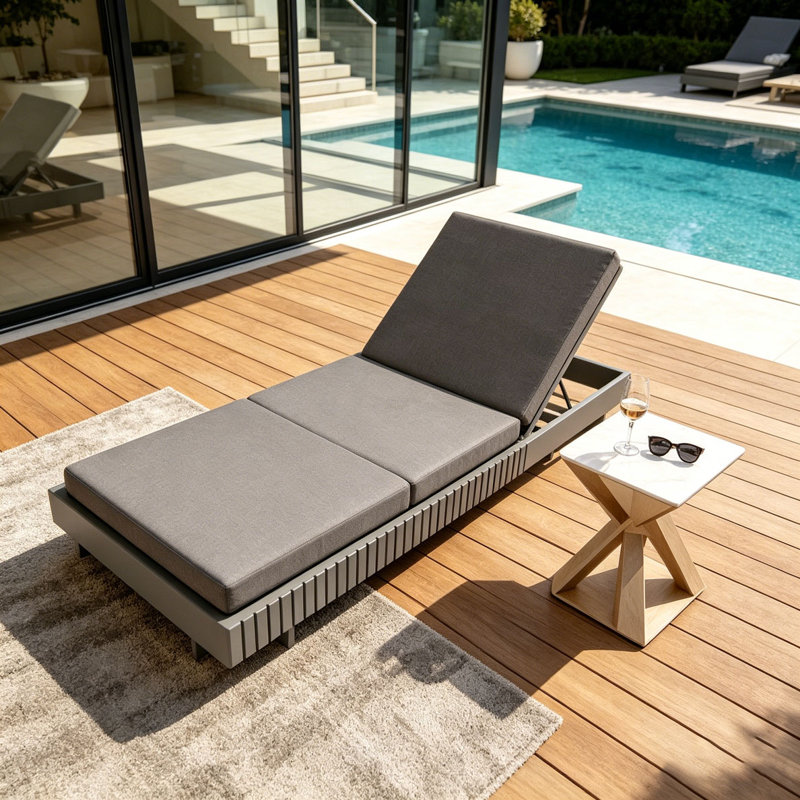 Solid Wood Lounge Chaise, Dark Grey+3-Fold Cushion