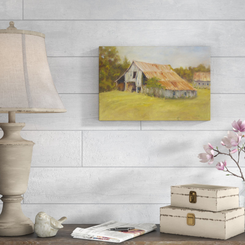 Toit en étain, peinture sur toile, H 12 po x l 18 po