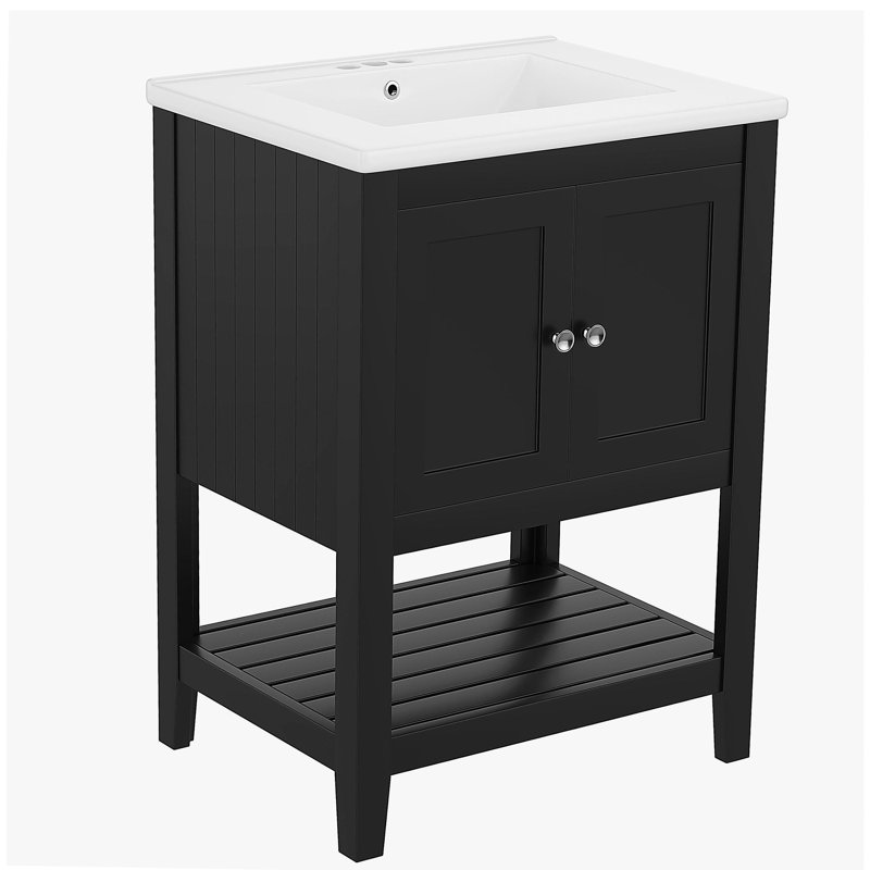 Meuble-lavabo minimaliste moderne de 24 po avec bol en céramique et tablettes ouvertes en bois massif, Noir