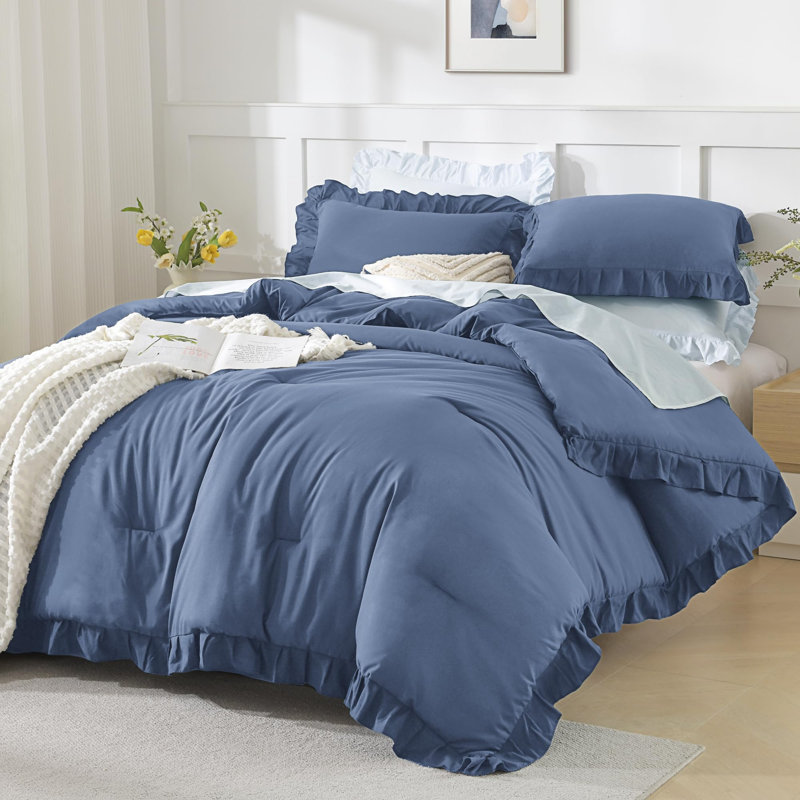 Andency Ocean Blue Ruffle Comforter Twin XL(68x92Inch), 2 Pieces(1 Ruffled Comforter and 1 Pillowcase) Solid Farmhouse Bed, Vintage Rustic Soft Microfiber Bedding Set