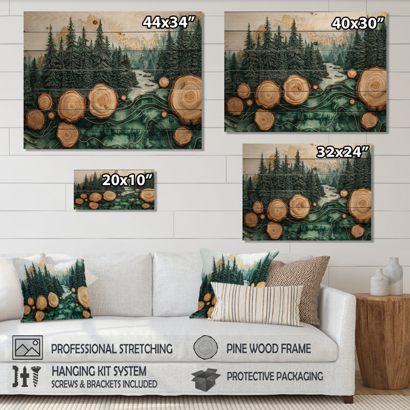 «Emerald Reflections Of The Forest Landscape I», art mural en bois forêt - sur bois de pin naturel, H 10 po x l 20 po