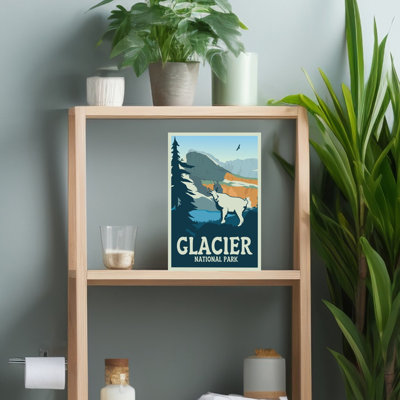 Glacier National Park Mountain Goat Retro Vintage Abstract Bird Landscape Mountain Wall Art Print 1 Piece Wrapped Canvas Wall Art