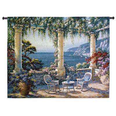 Mediterranean Terrace by Vivian Flasch | Woven Tapestry Wall Art Hanging | Italian Villa Seaside | 100% Cotton USA Size 53x40