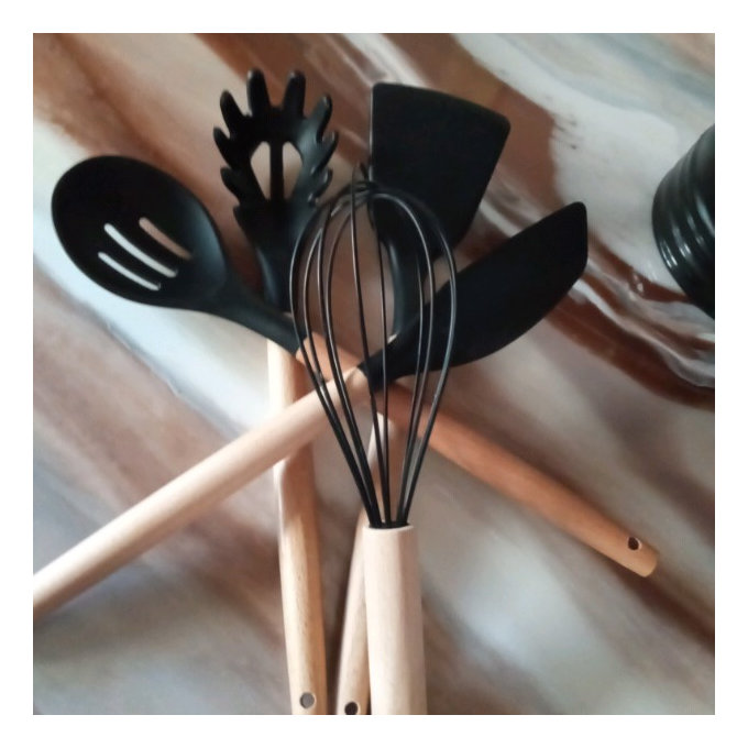 11-Piece Silicone Kitchen Utensil Set with Wooden Handles