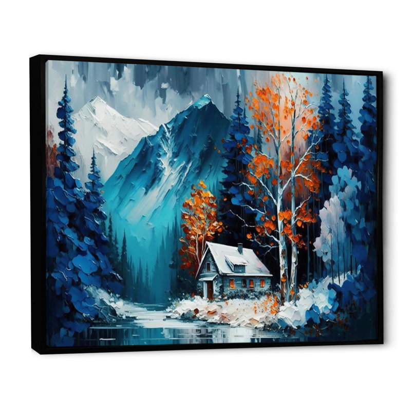 «Cabin in the Woods in Winter III», reproduction sur toile, L 40 po x H 30 po, Cadre flottant noir