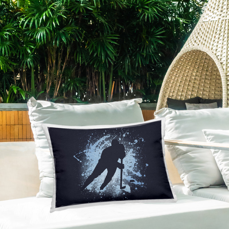 Conception de coussin décoratif d'extérieur à imprimé hockey bleu par Jim Baldwin
