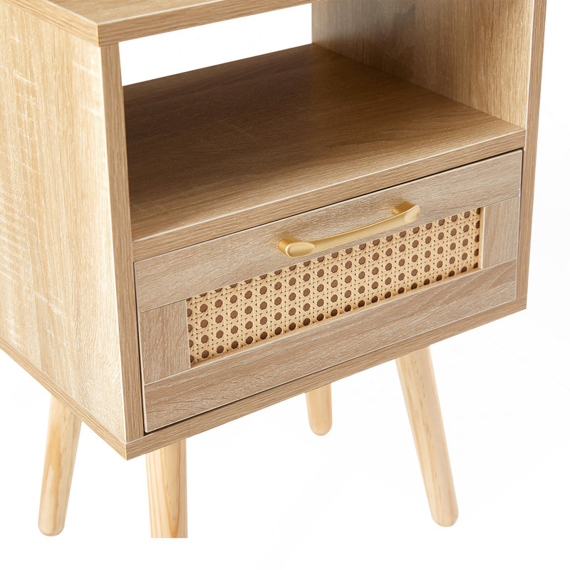 15.75" Rattan End Table With  Drawer And Solid Wood Legs, Modern Nightstand, Side Table For Living Room, Bedroom,Natural