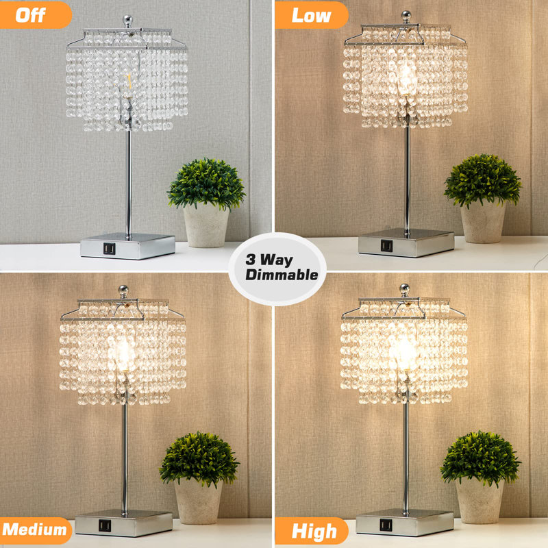 Silver Crystal Touch Control Table Lamp with USB Ports