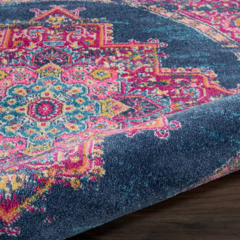 Abbate Oriental Navy Blue/Pink Area Rug, Round 8'