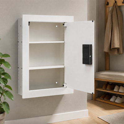 White 0.83 cubic foot three-layer wall-mounted safe, combination key, knob lock, cold-rolled steel adjustable shelves, jewelry and document storage cabinet
