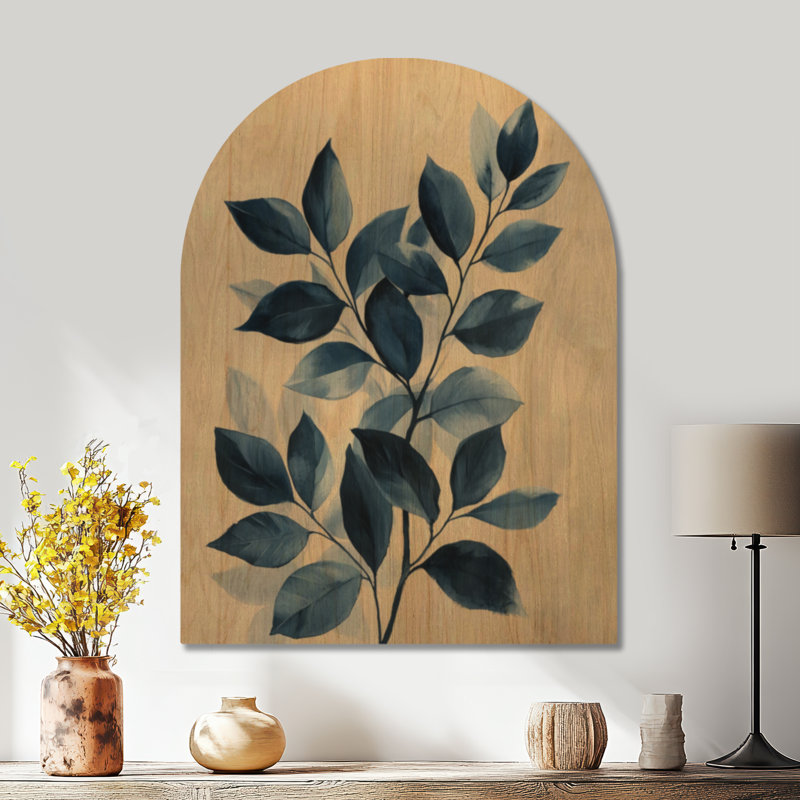 Branches de feuilles indigo - Arche murale décorative en feuillage, imprimée sur bois, H 40 po x l 30 po, Arche