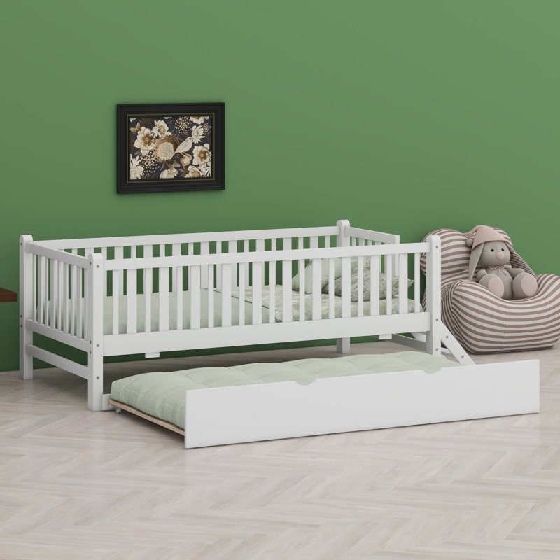 Platform Bed With Guardrail And Trundle, White