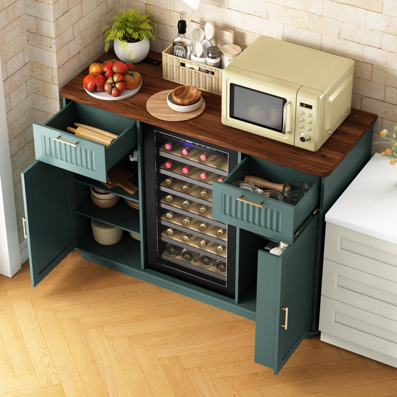 Mini armoire à réfrigérateur cannelée avec centrale électrique et porte-verres à pied - Buffet haut de 38,8 po avec tiroir de rangement, armoire de bar pour le salon