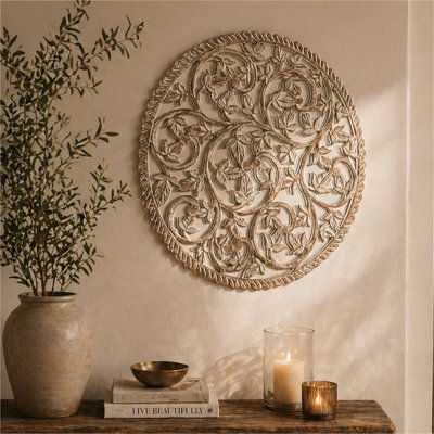 36 inch Round Wooden Handcrafted Wall Panel with Mirror Decorative Carved Wood Wall Art Floral Scroll Design Wall Décor for Living Room, Bedroom & Entryway
