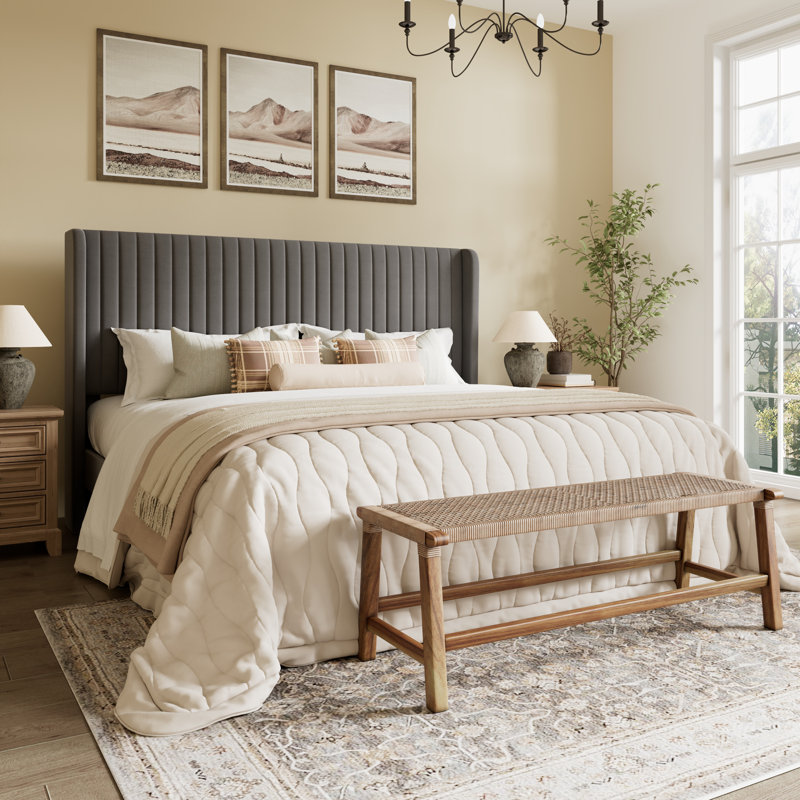 Candler Velvet Upholstered Platform Bed with Wingback Headboard and Wooden Slats, King, Gray