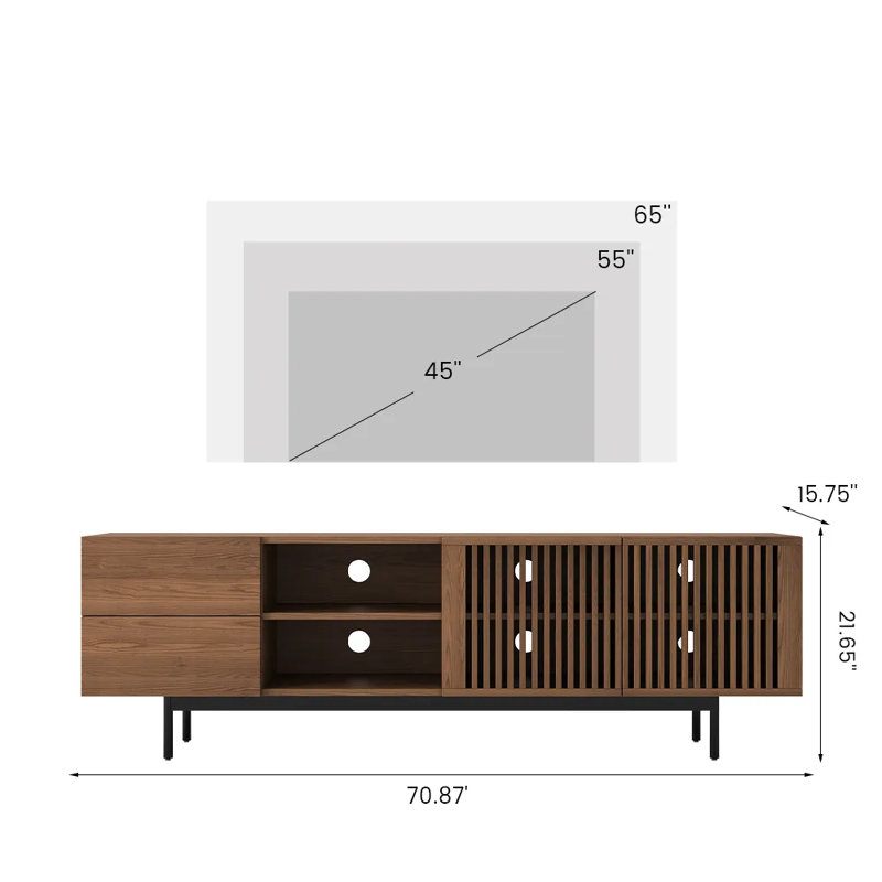 Mid-Century Modern TV Stand, Pre-Assembled, Brown, 21.65"H x 70.87"L x 15.75"W