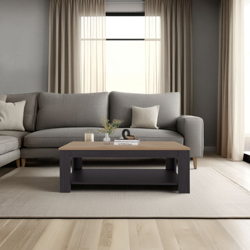 Table basse rectangulaire avec tablette inférieure, wengé et chêne naturel