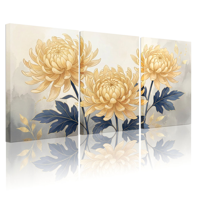 Chrysanthème, art floral sur toile tendue, impression sur toile, ensemble de 3, pour salon, chambre à coucher, décoration intérieure