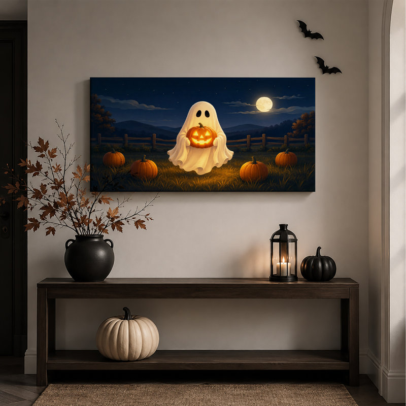 Tableau sur toile représentant un fantôme tenant une citrouille d'Halloween lumineuse dans la nuit, L 58 po x H 28 po