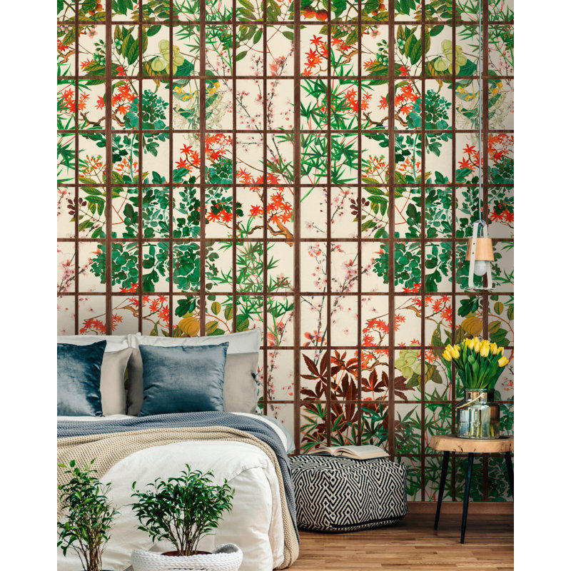 Impermanence Floral Wallpaper Roll, Green/Red/Taupe