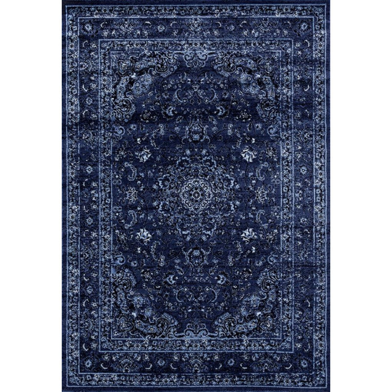 Tapis bleu denim à motif oriental Gidran, Rectangle 5 pi 2 po x 7 pi 2 po